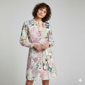 ZARA Patchwork Floral Parrot Long Sleeve Shirt Dress Linen‎ Belted Size M